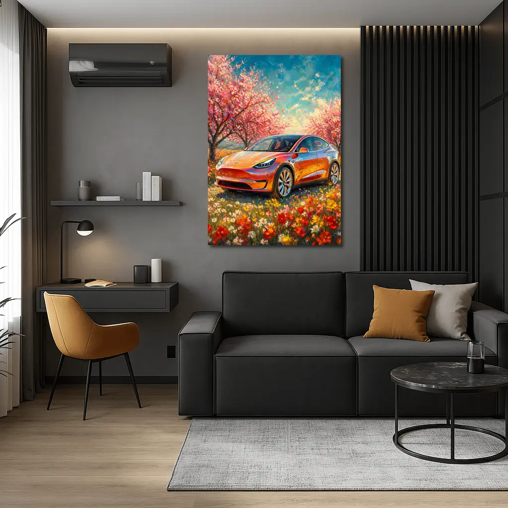 Tesla Model Y Orange Impressionist Blossom Field – Wall Art