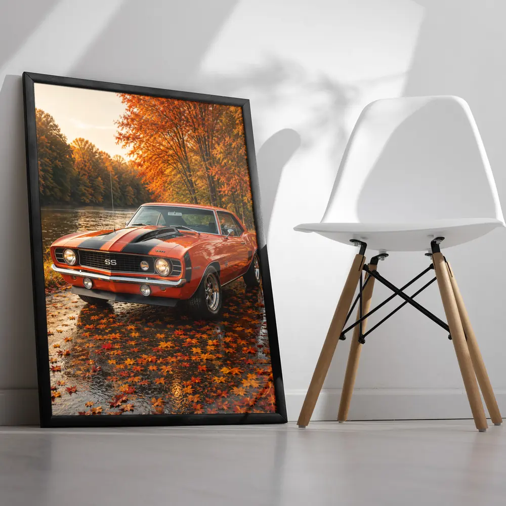 Framed Camaro poster behind glass, ready to hang