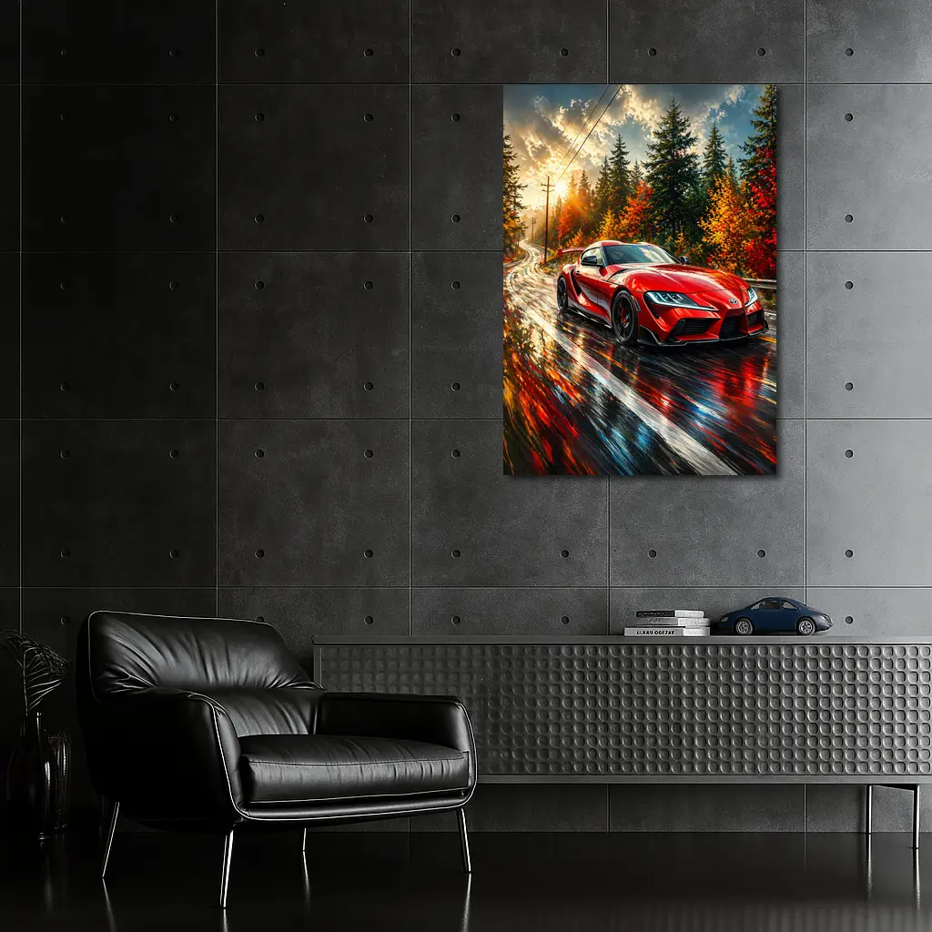 Toyota GR Supra Red Wet Forest Road – Wall Art
