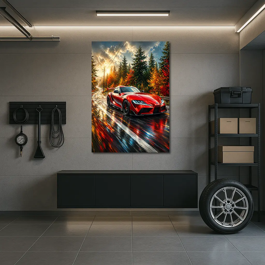 Toyota GR Supra Red Wet Forest Road – Wall Art