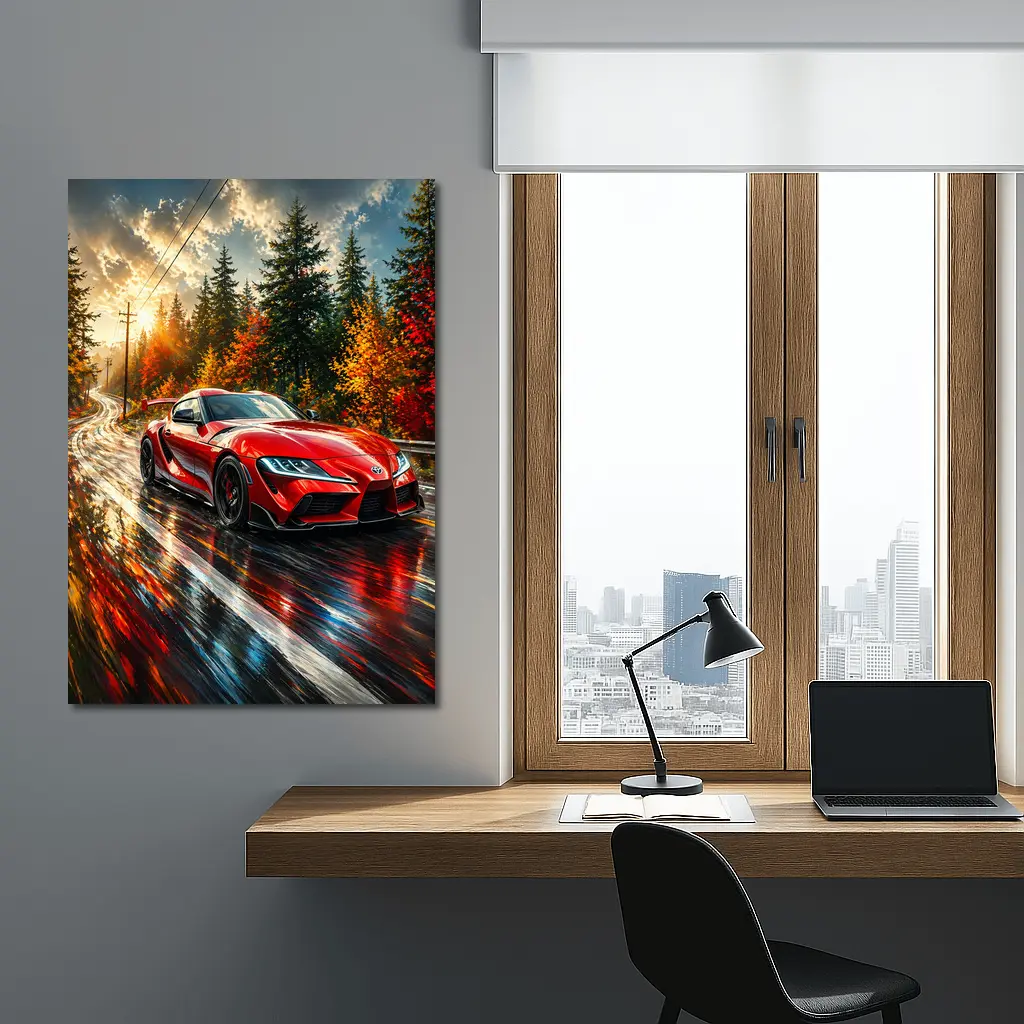 Toyota GR Supra Red Wet Forest Road – Wall Art