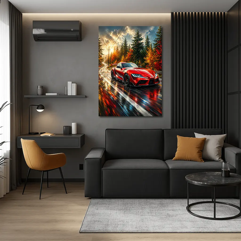 Toyota GR Supra Red Wet Forest Road – Wall Art