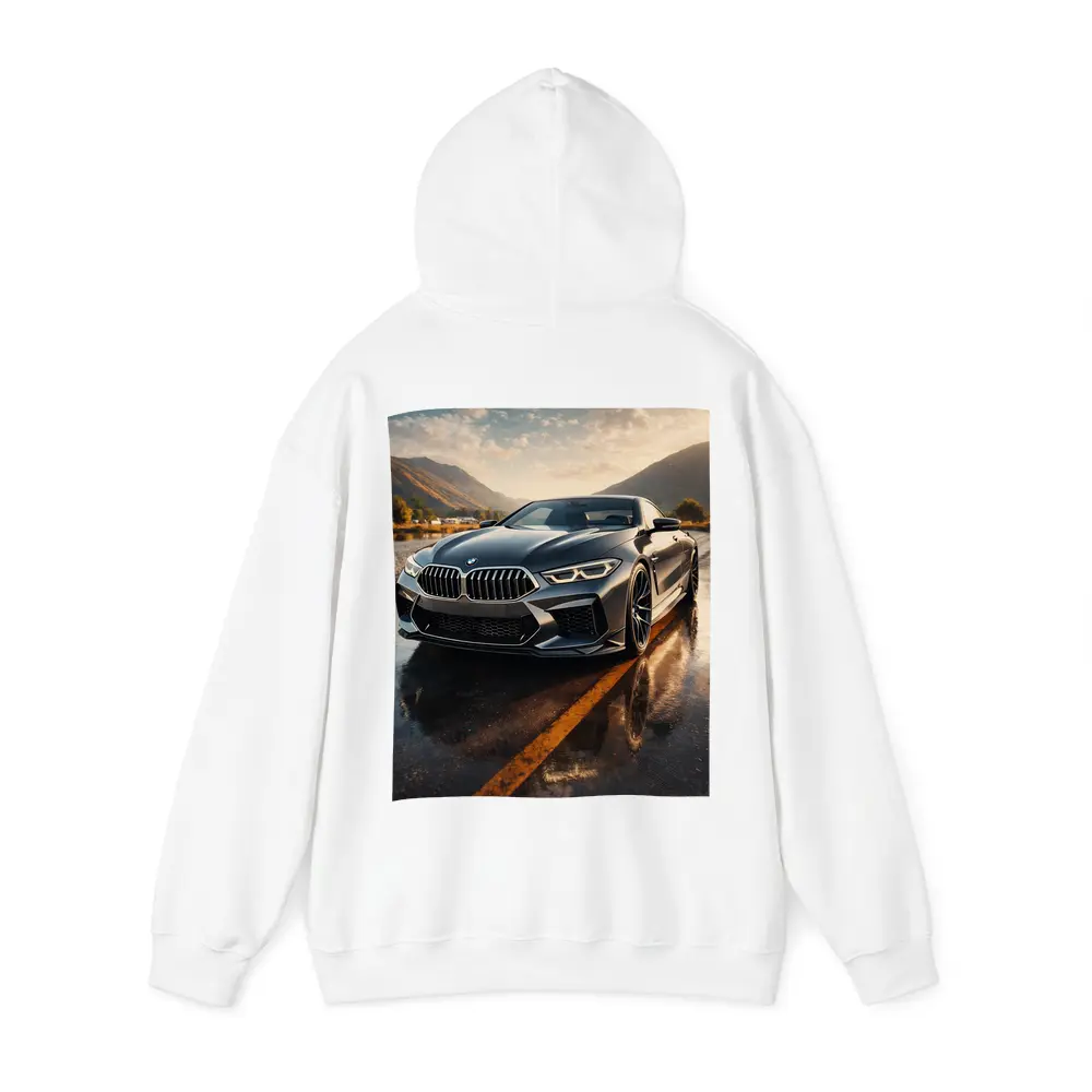 BMW M8 Coupe Wet Road Mountain Backdrop – Hoodies
