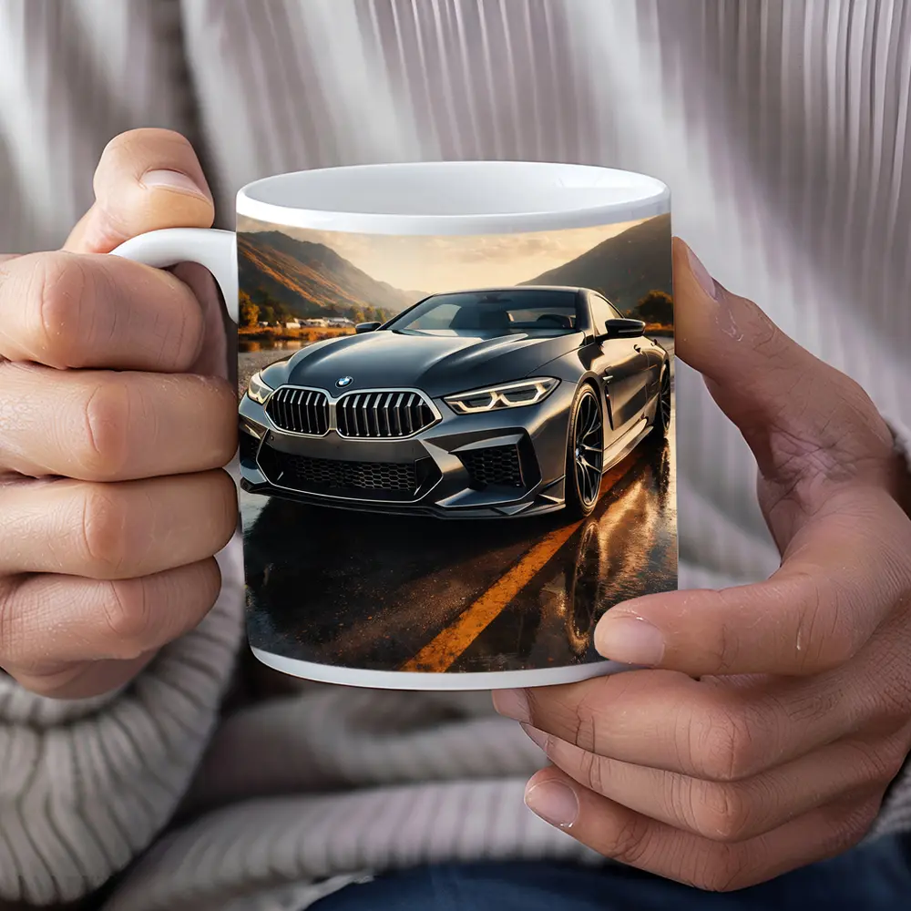 BMW M8 Coupe Wet Road Mountain Backdrop – Mugs