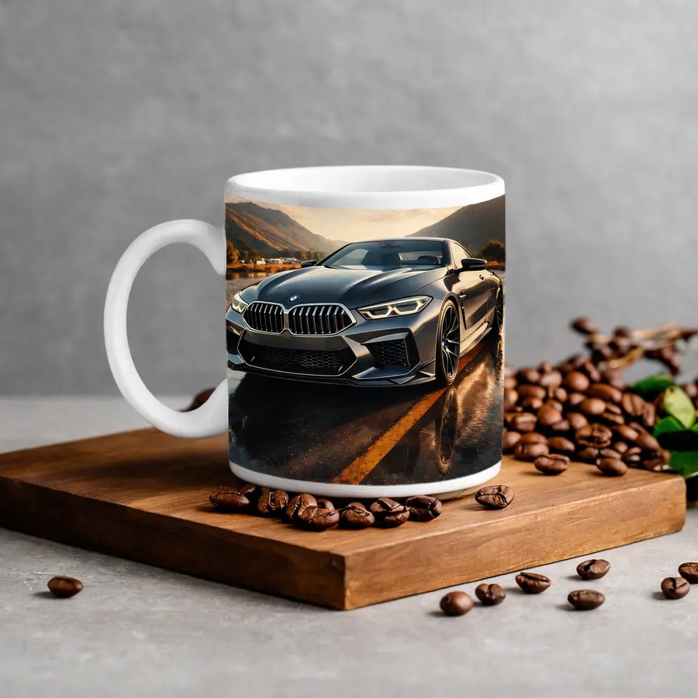BMW M8 Coupe Wet Road Mountain Backdrop – Mugs