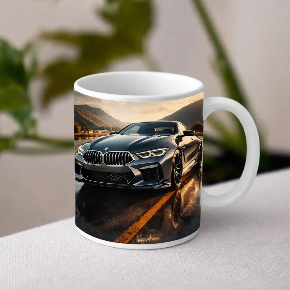 BMW M8 Coupe Wet Road Mountain Backdrop – Mugs