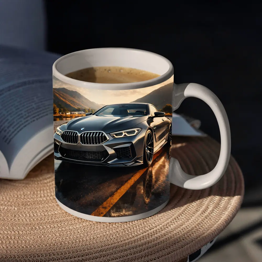 BMW M8 Coupe Wet Road Mountain Backdrop – Mugs