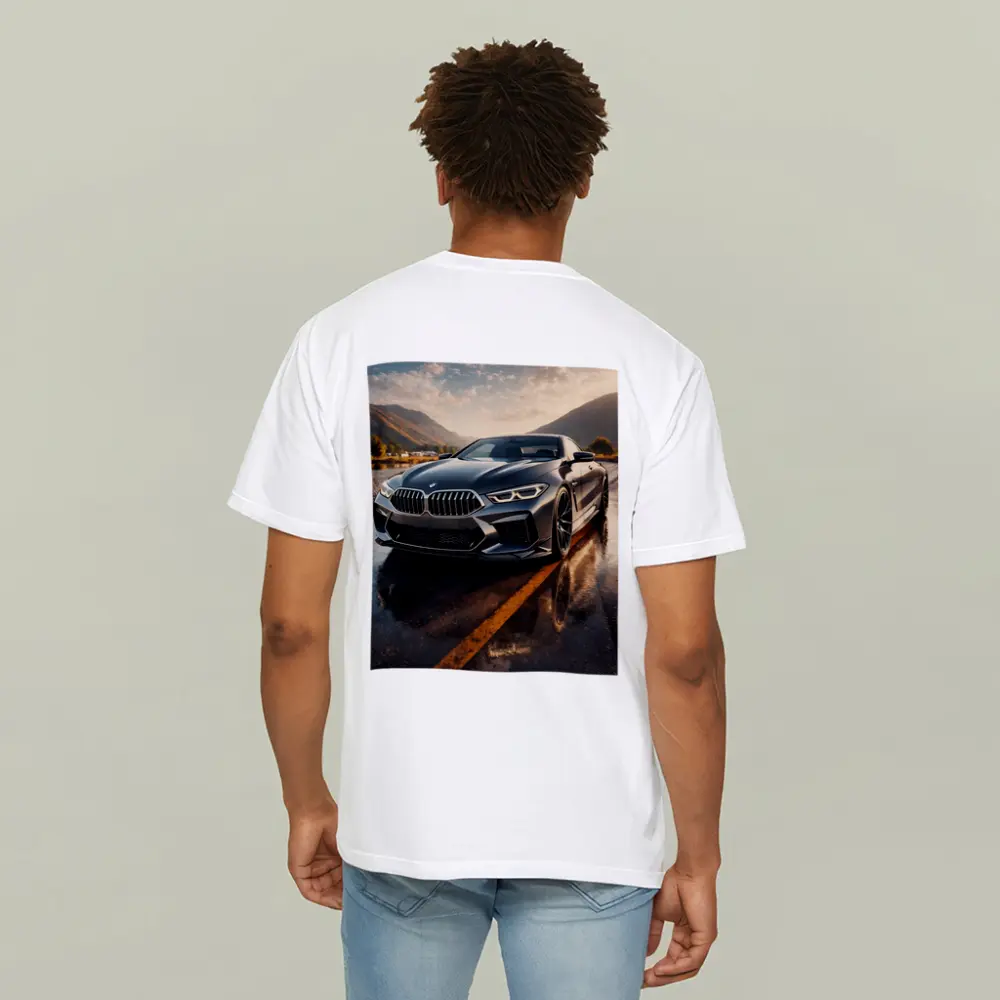 BMW M8 Coupe Wet Road Mountain Backdrop – T-Shirts