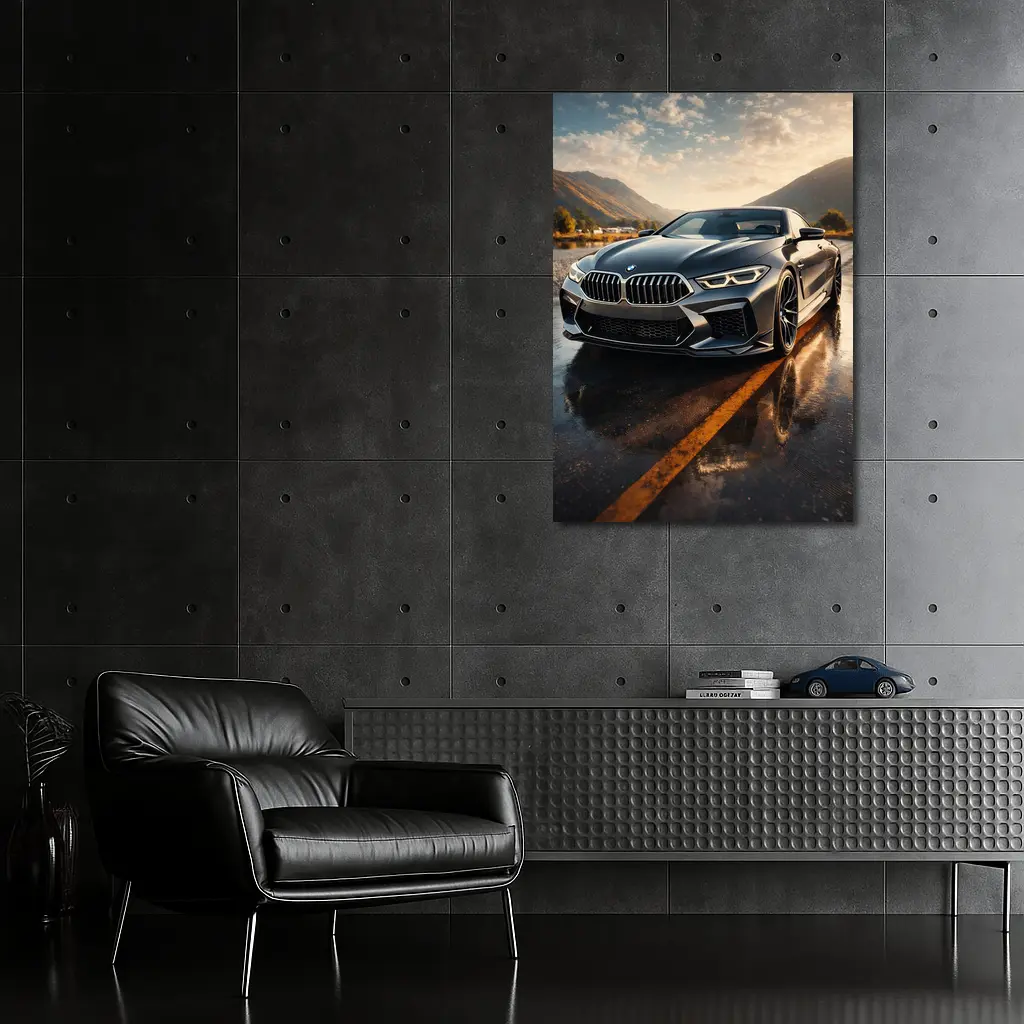 BMW M8 Coupe Wet Road Mountain Backdrop – Wall Art