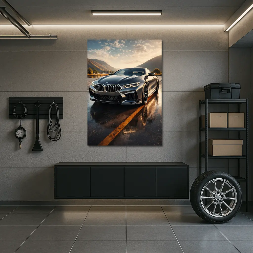 BMW M8 Coupe Wet Road Mountain Backdrop – Wall Art