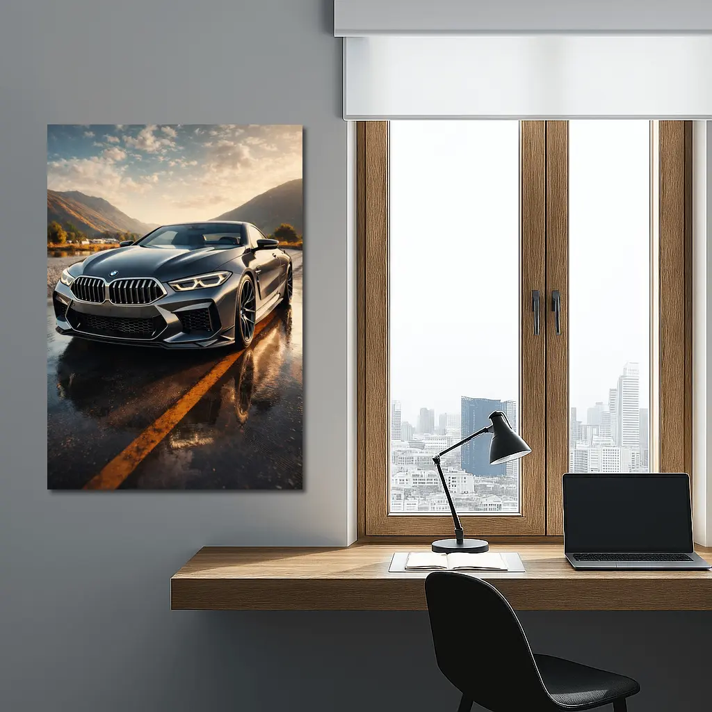 BMW M8 Coupe Wet Road Mountain Backdrop – Wall Art