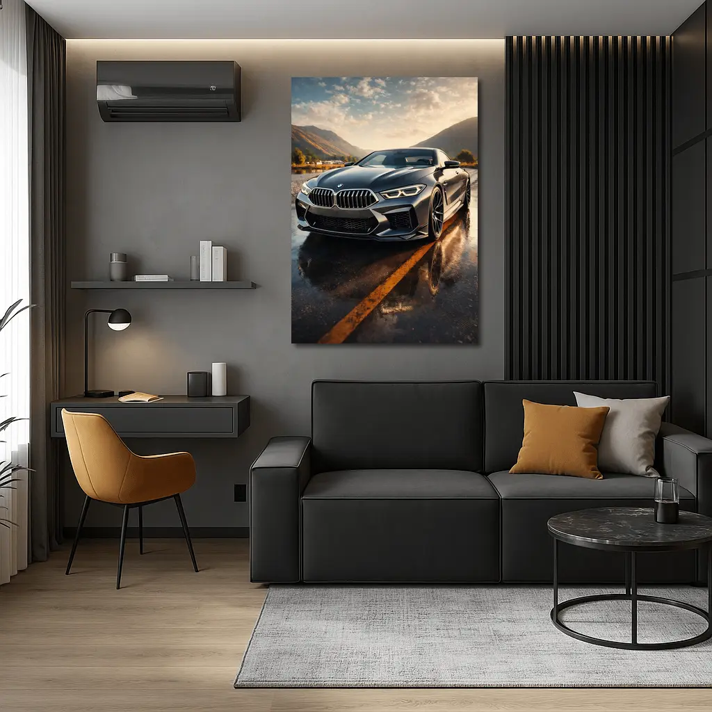 BMW M8 Coupe Wet Road Mountain Backdrop – Wall Art