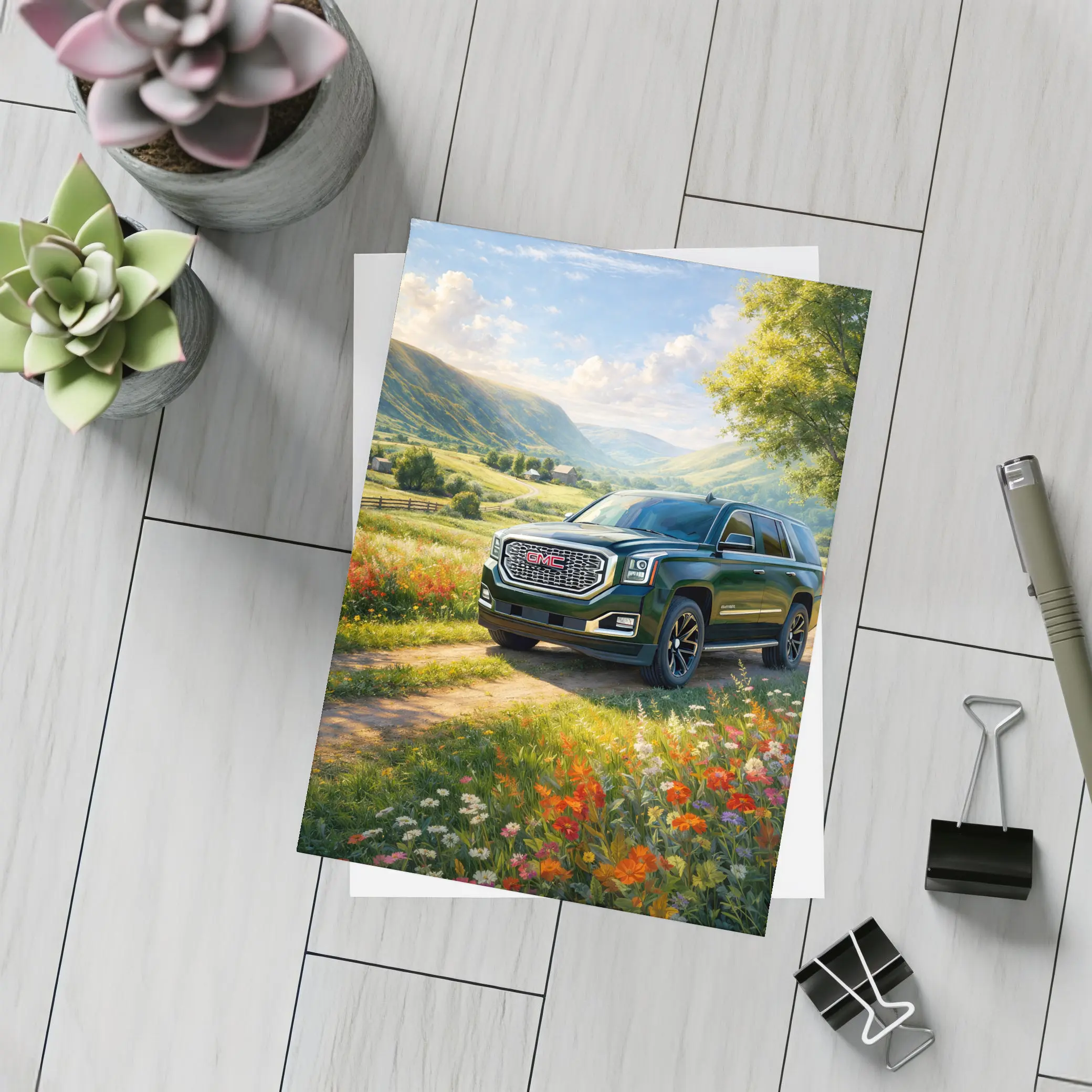 GMC Yukon Dark Green Rural Countryside Scene – Postcards