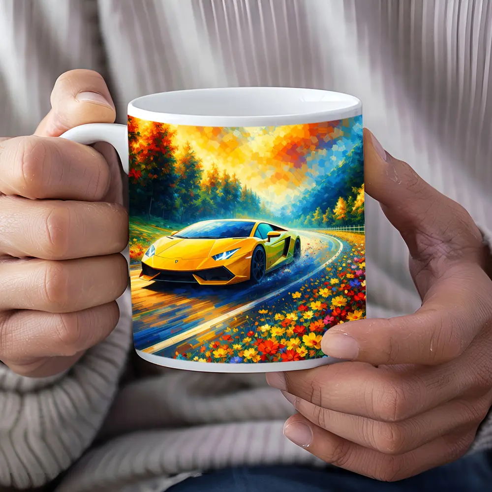 Yellow Lamborghini Gallardo Impressionist Floral Road – Mugs
