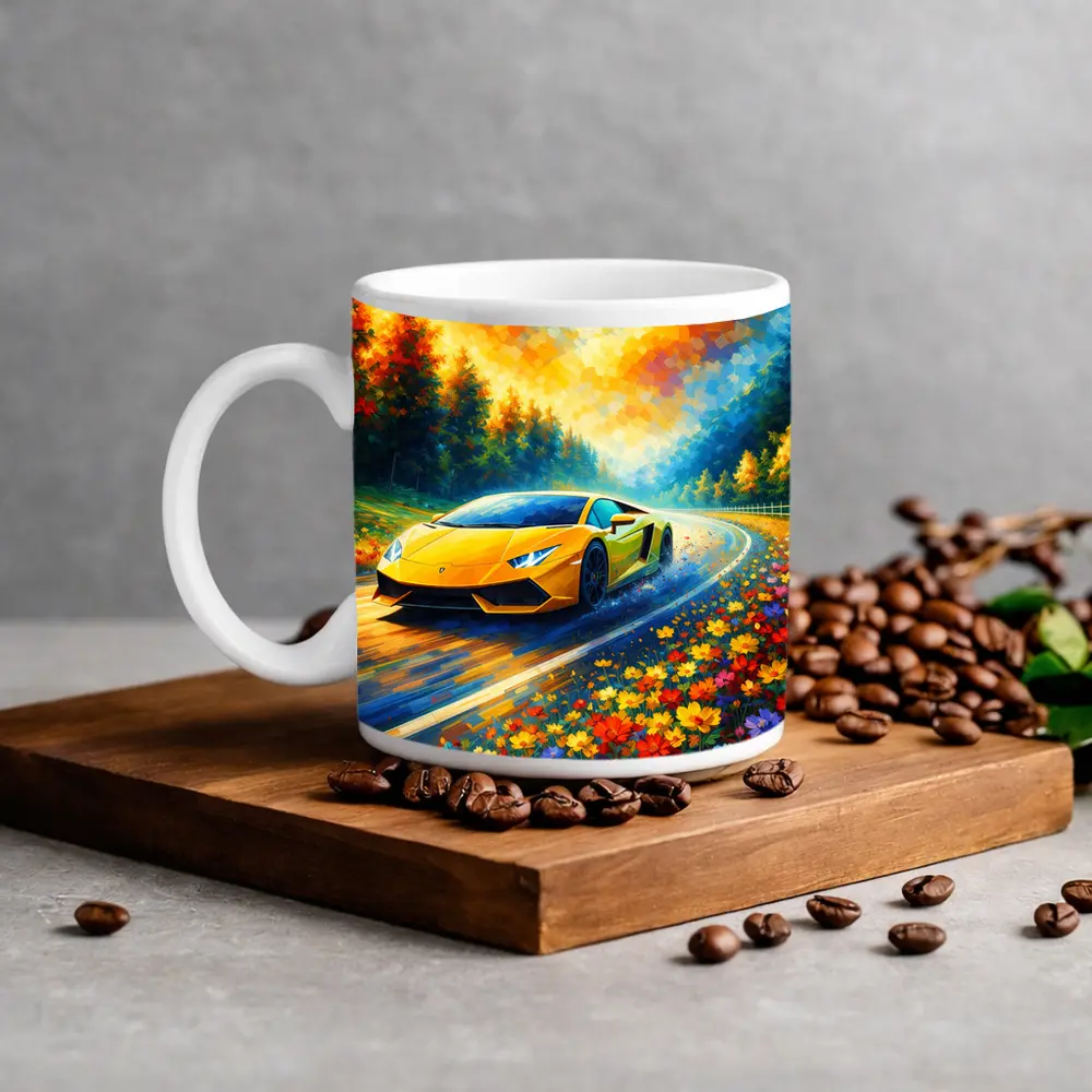 Yellow Lamborghini Gallardo Impressionist Floral Road – Mugs