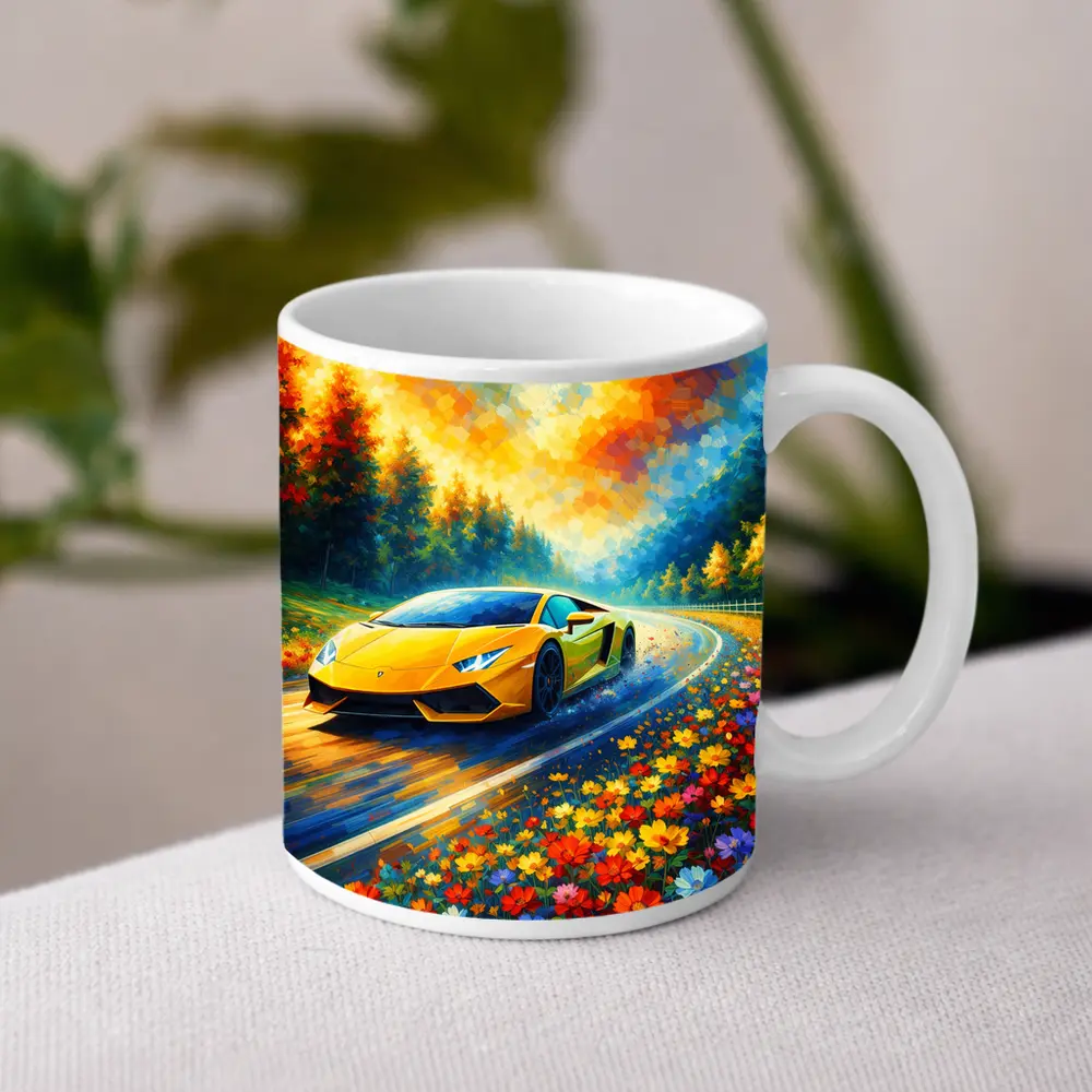 Yellow Lamborghini Gallardo Impressionist Floral Road – Mugs