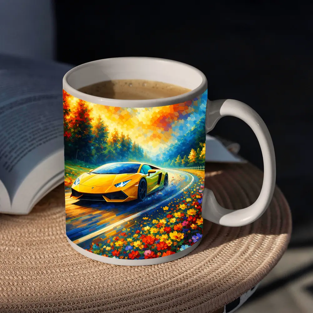 Yellow Lamborghini Gallardo Impressionist Floral Road – Mugs