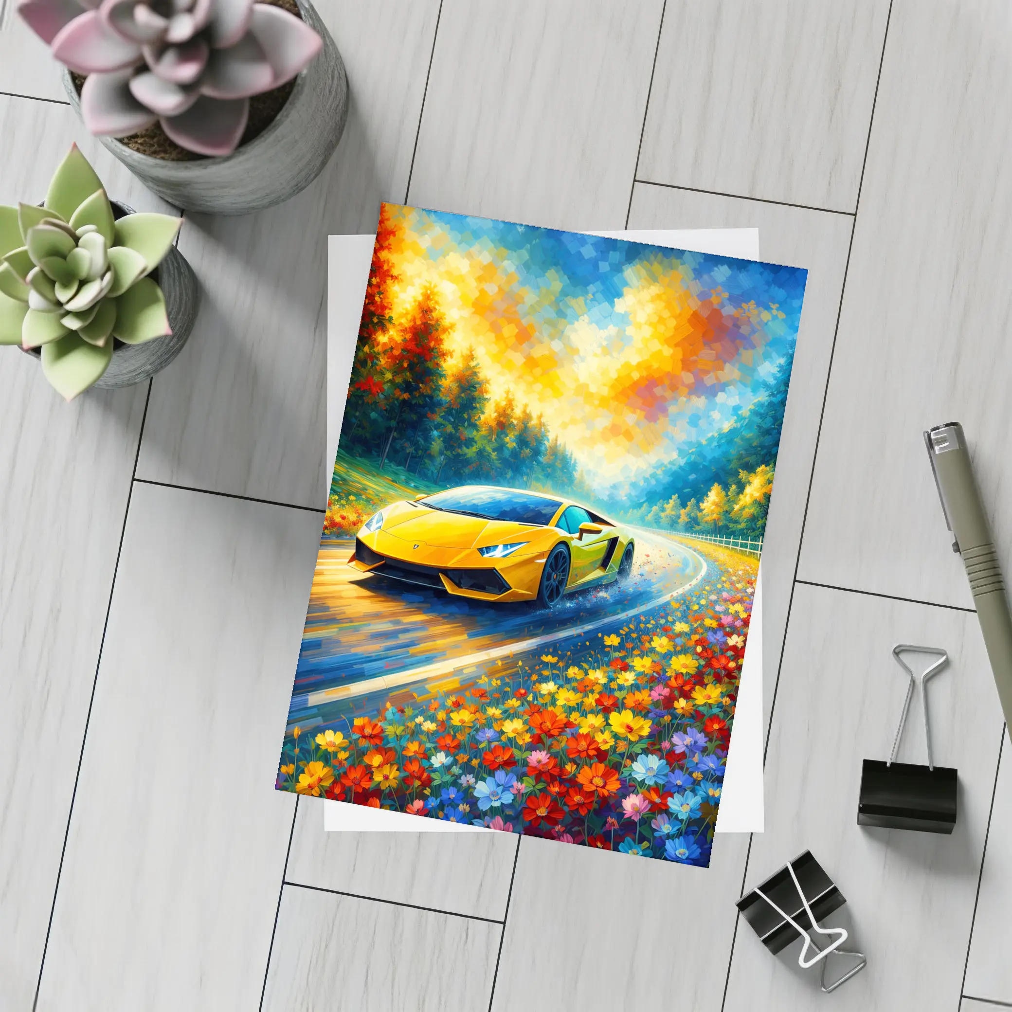 Yellow Lamborghini Gallardo Impressionist Floral Road – Postcards