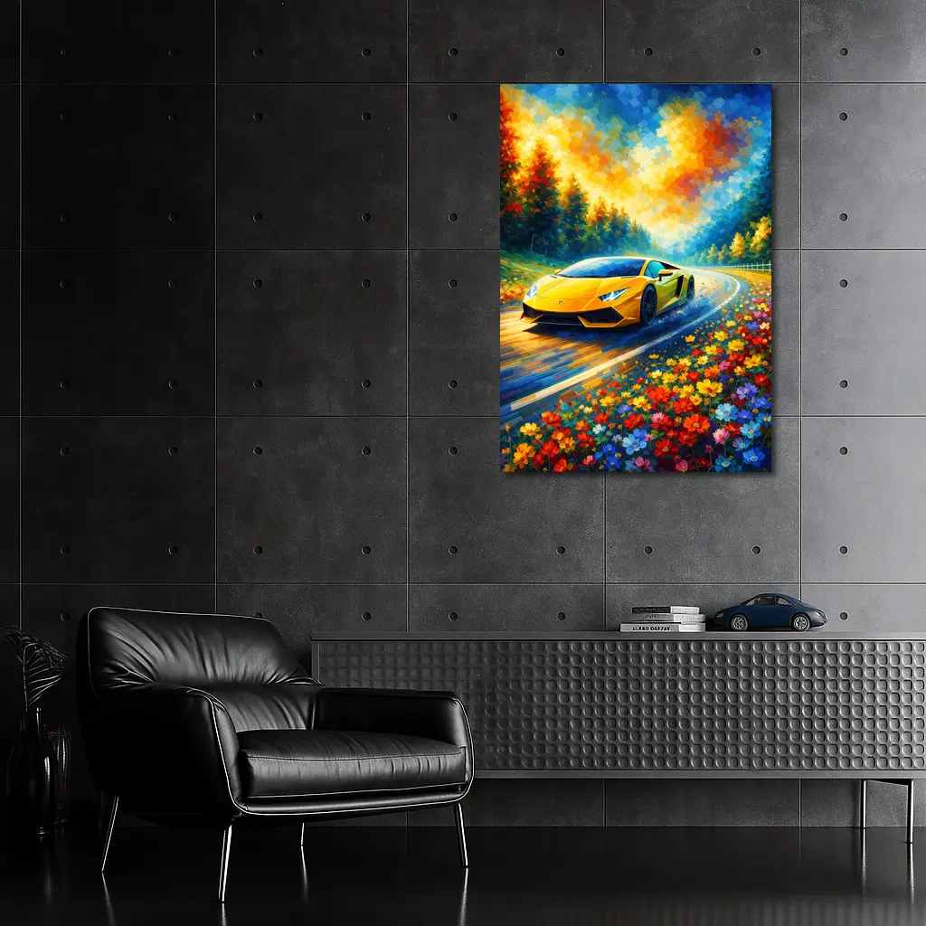 Yellow Lamborghini Gallardo Impressionist Floral Road – Wall Art
