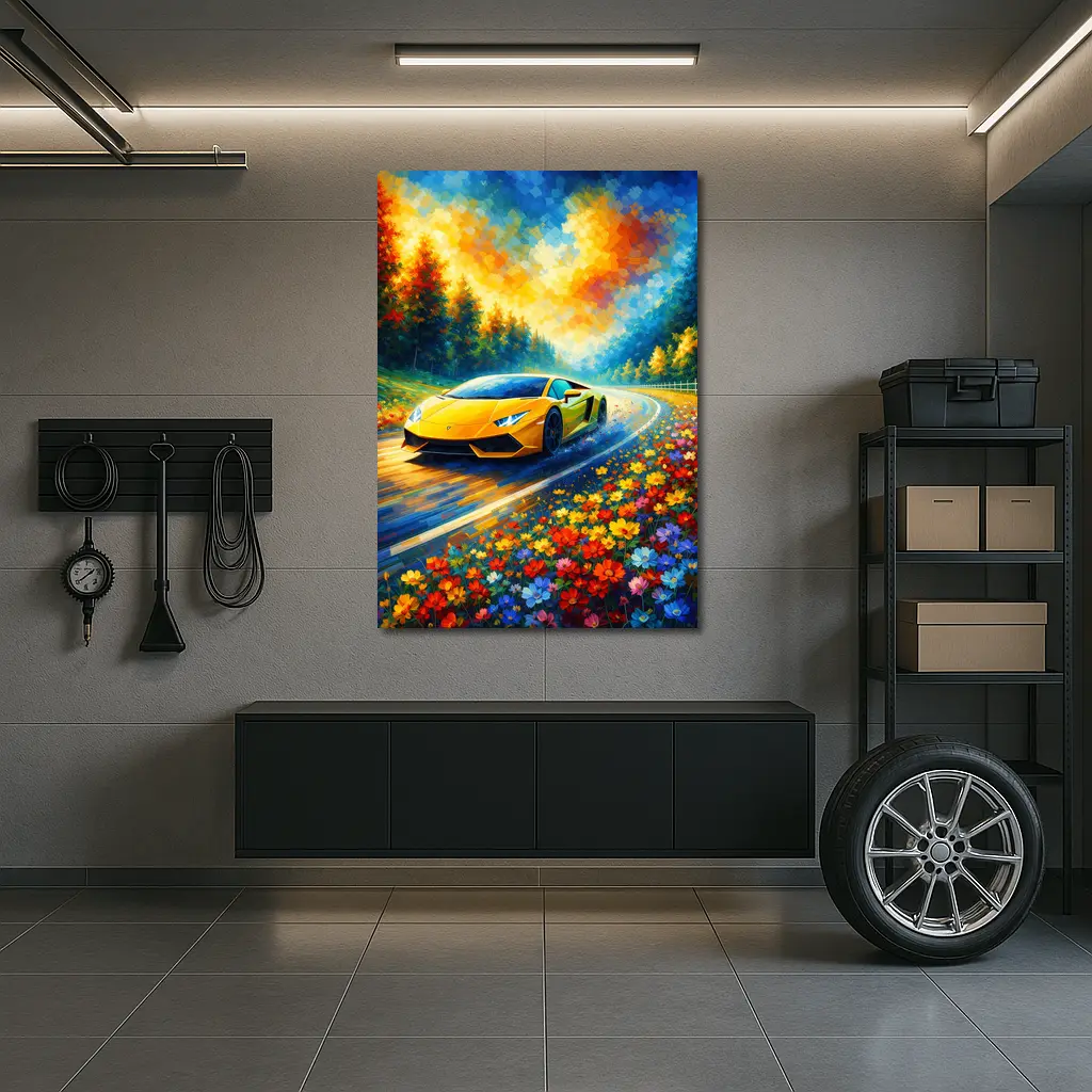 Yellow Lamborghini Gallardo Impressionist Floral Road – Wall Art