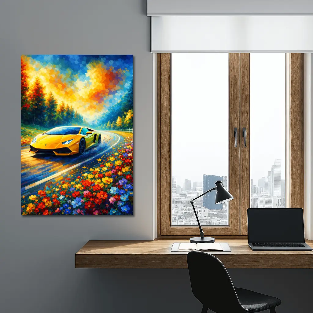 Yellow Lamborghini Gallardo Impressionist Floral Road – Wall Art