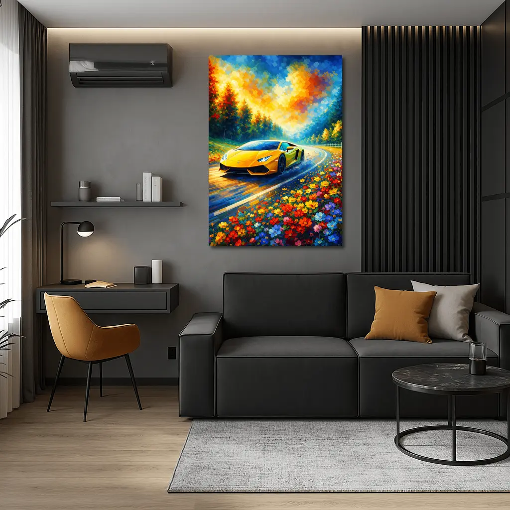 Yellow Lamborghini Gallardo Impressionist Floral Road – Wall Art