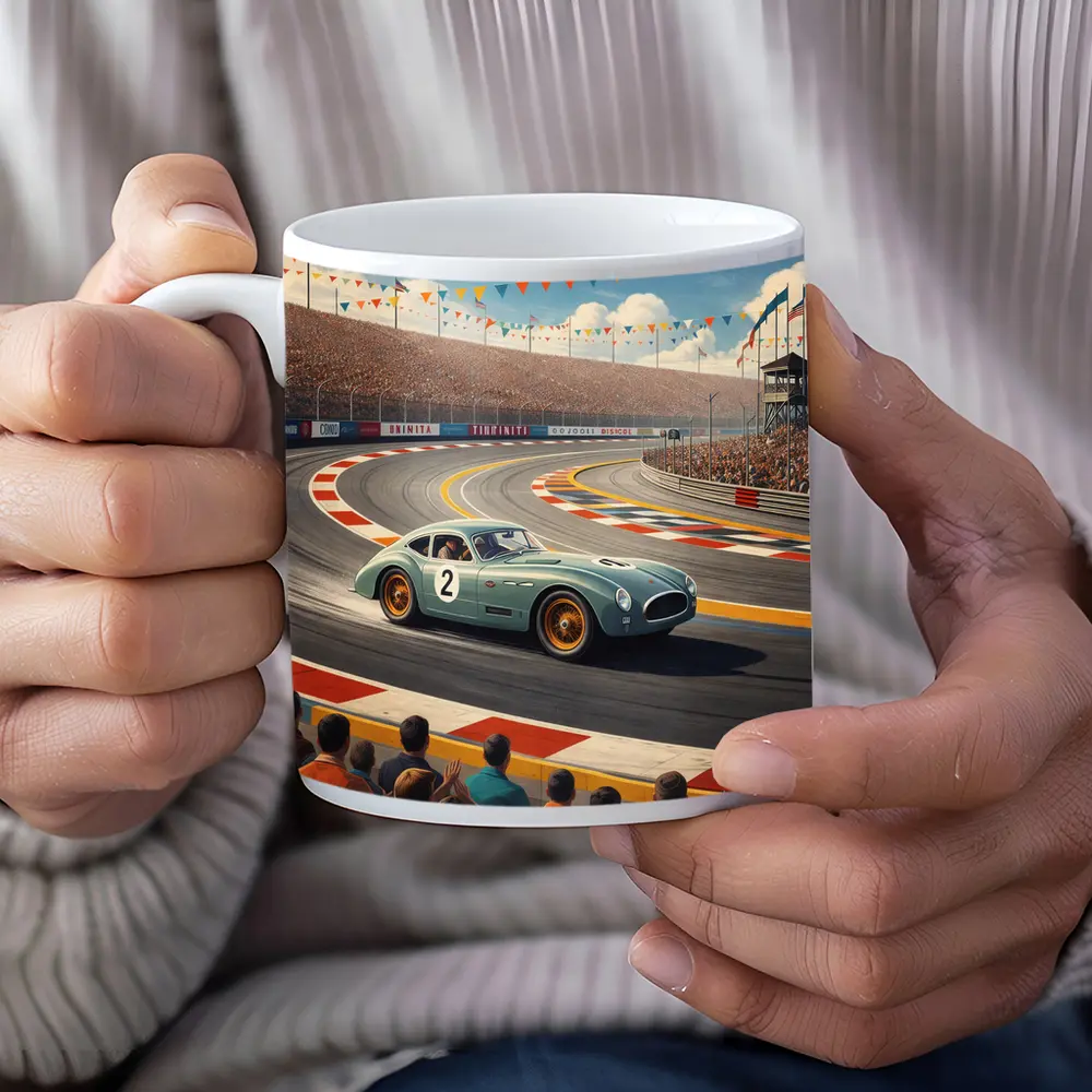 Vintage Racing Car Classic Track Crowd Scene – Mugs