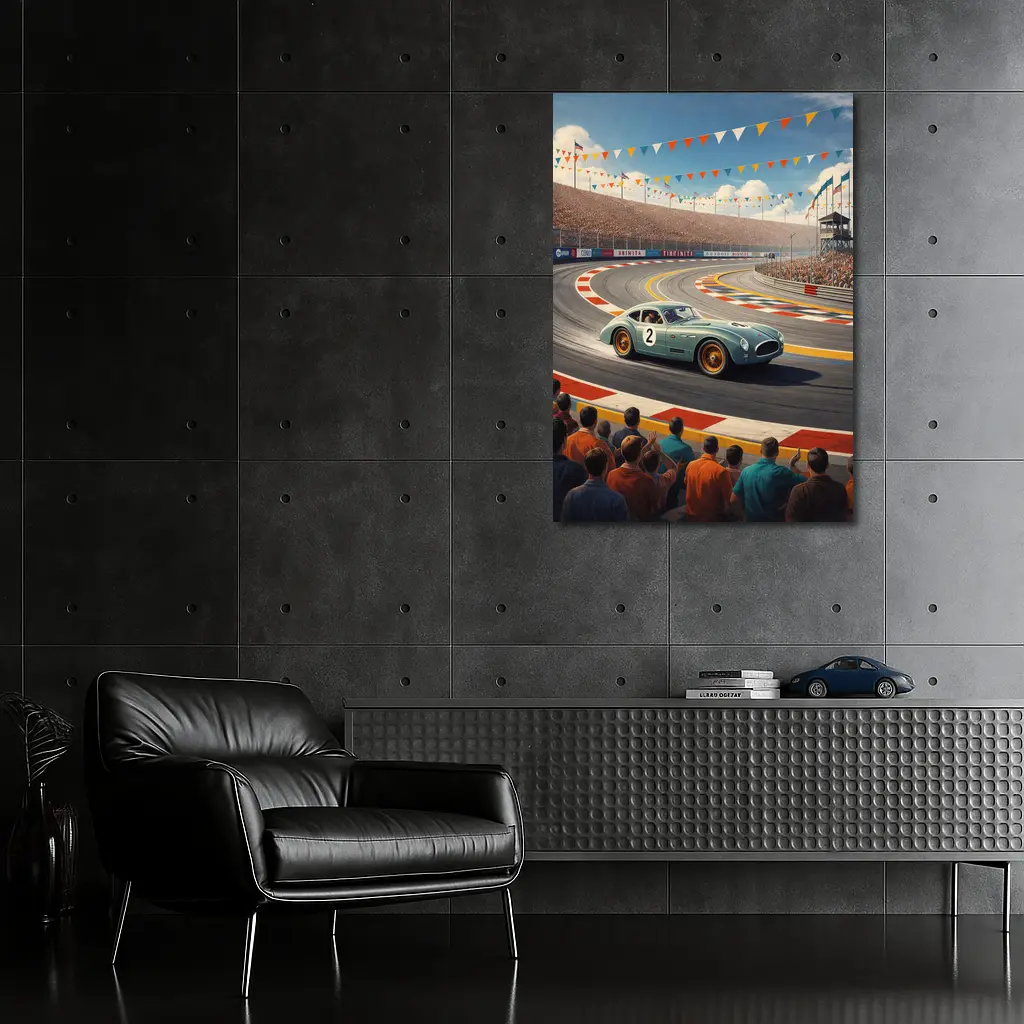 Vintage Racing Car Classic Track Crowd Scene – Wall Art
