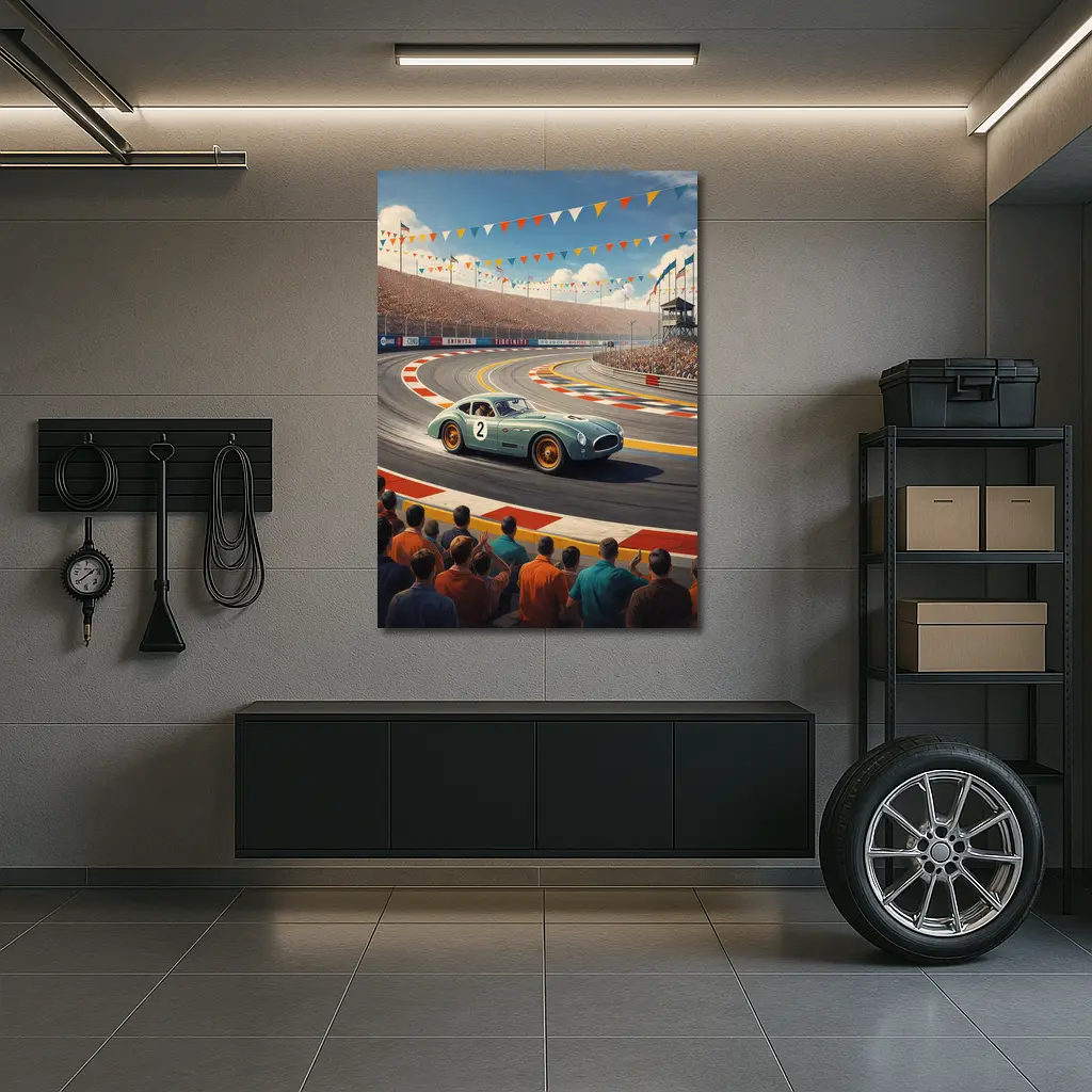 Vintage Racing Car Classic Track Crowd Scene – Wall Art