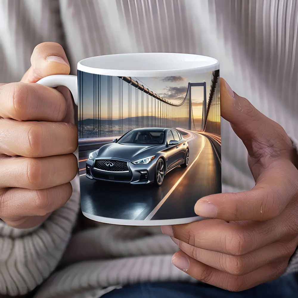 Infiniti Q50 Sedan Crossing Suspension Bridge Sunset – Mugs
