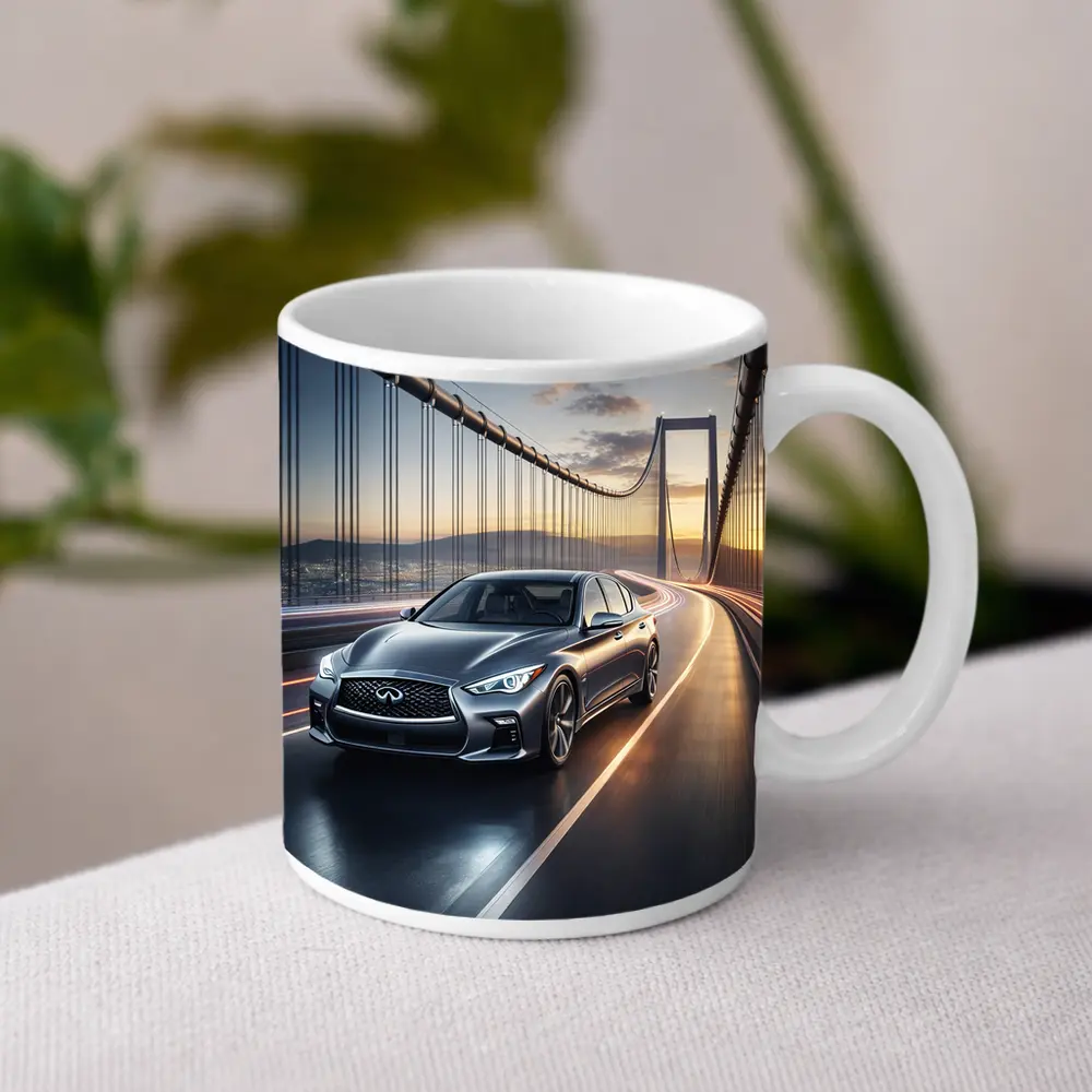 Infiniti Q50 Sedan Crossing Suspension Bridge Sunset – Mugs