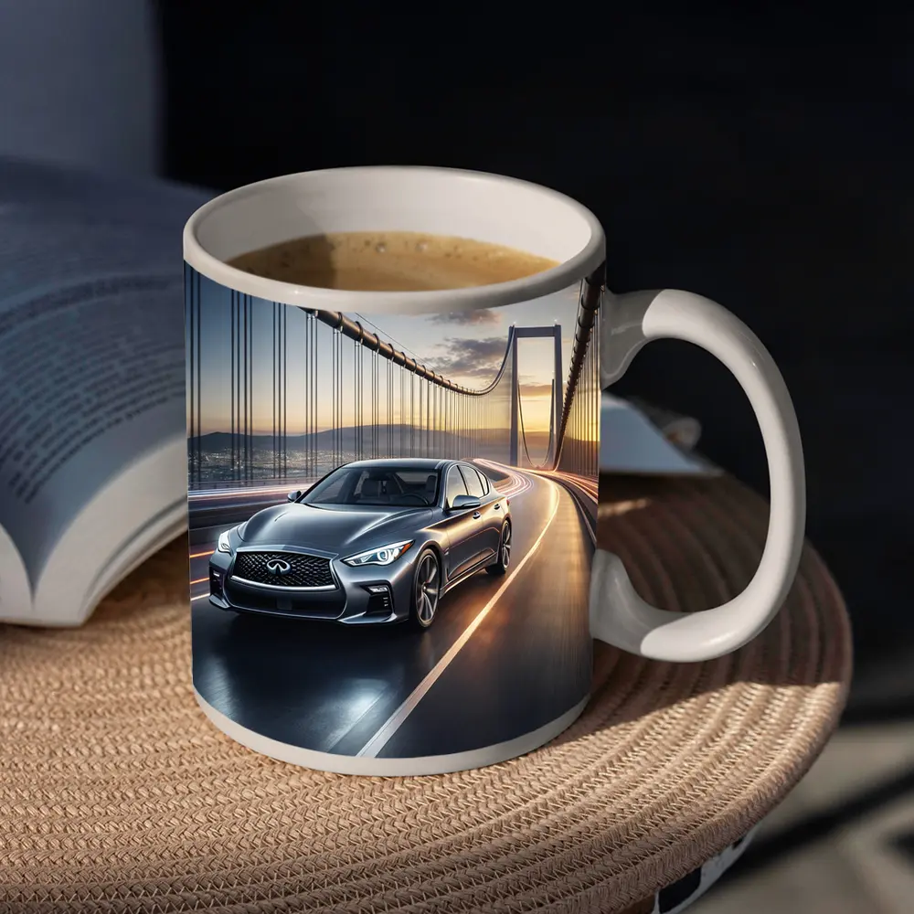Infiniti Q50 Sedan Crossing Suspension Bridge Sunset – Mugs