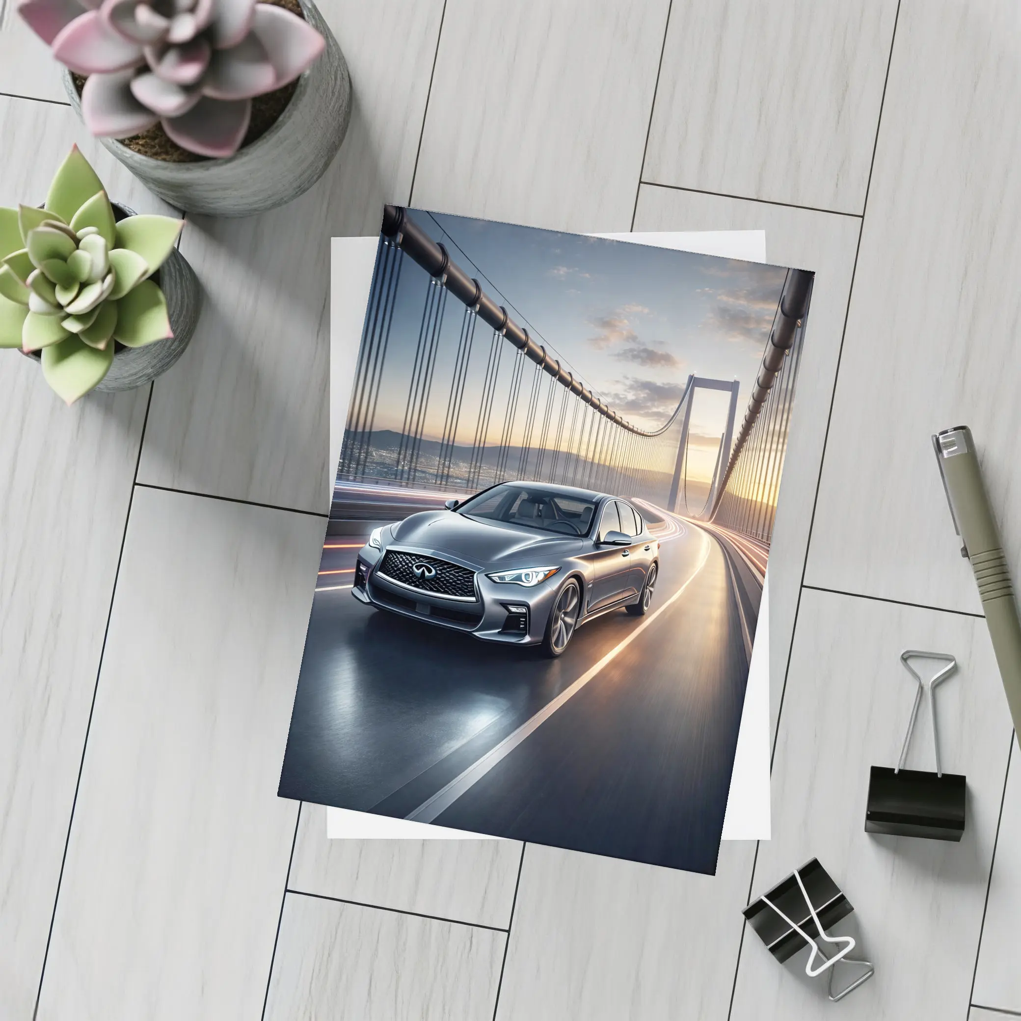 Infiniti Q50 Sedan Crossing Suspension Bridge Sunset – Postcards