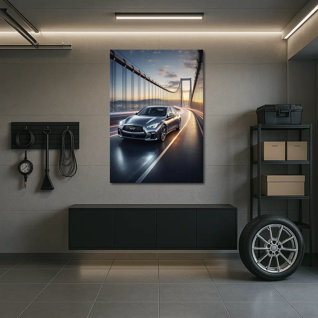 Infiniti Q50 Sedan Crossing Suspension Bridge Sunset – Wall Art