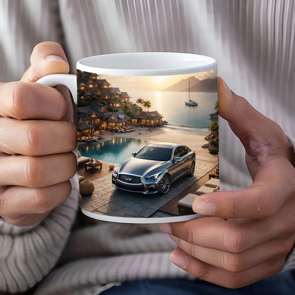 Infiniti Q50 Parked at Luxury Resort Sunset – Mugs