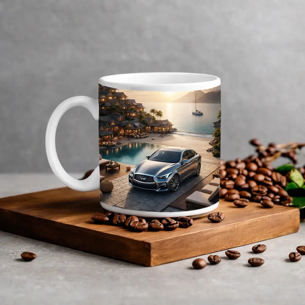 Infiniti Q50 Parked at Luxury Resort Sunset – Mugs