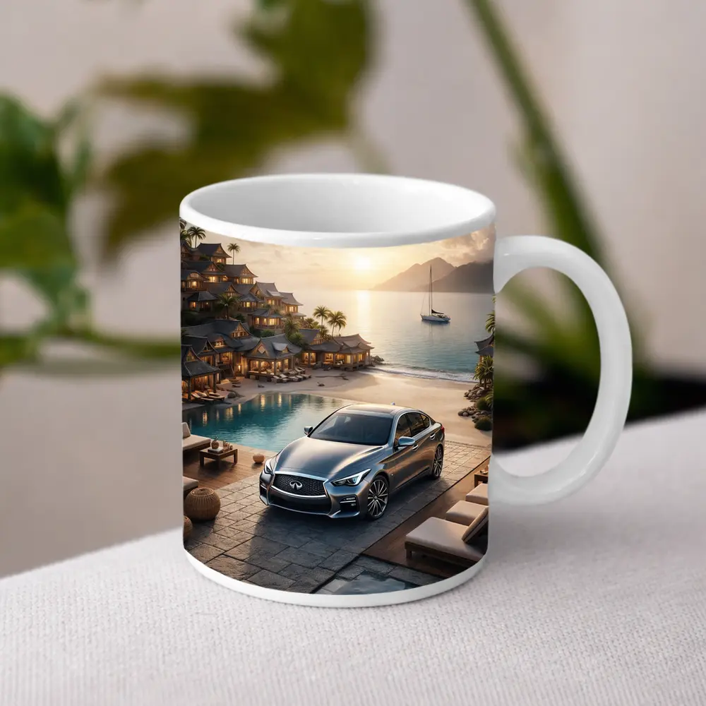 Infiniti Q50 Parked at Luxury Resort Sunset – Mugs