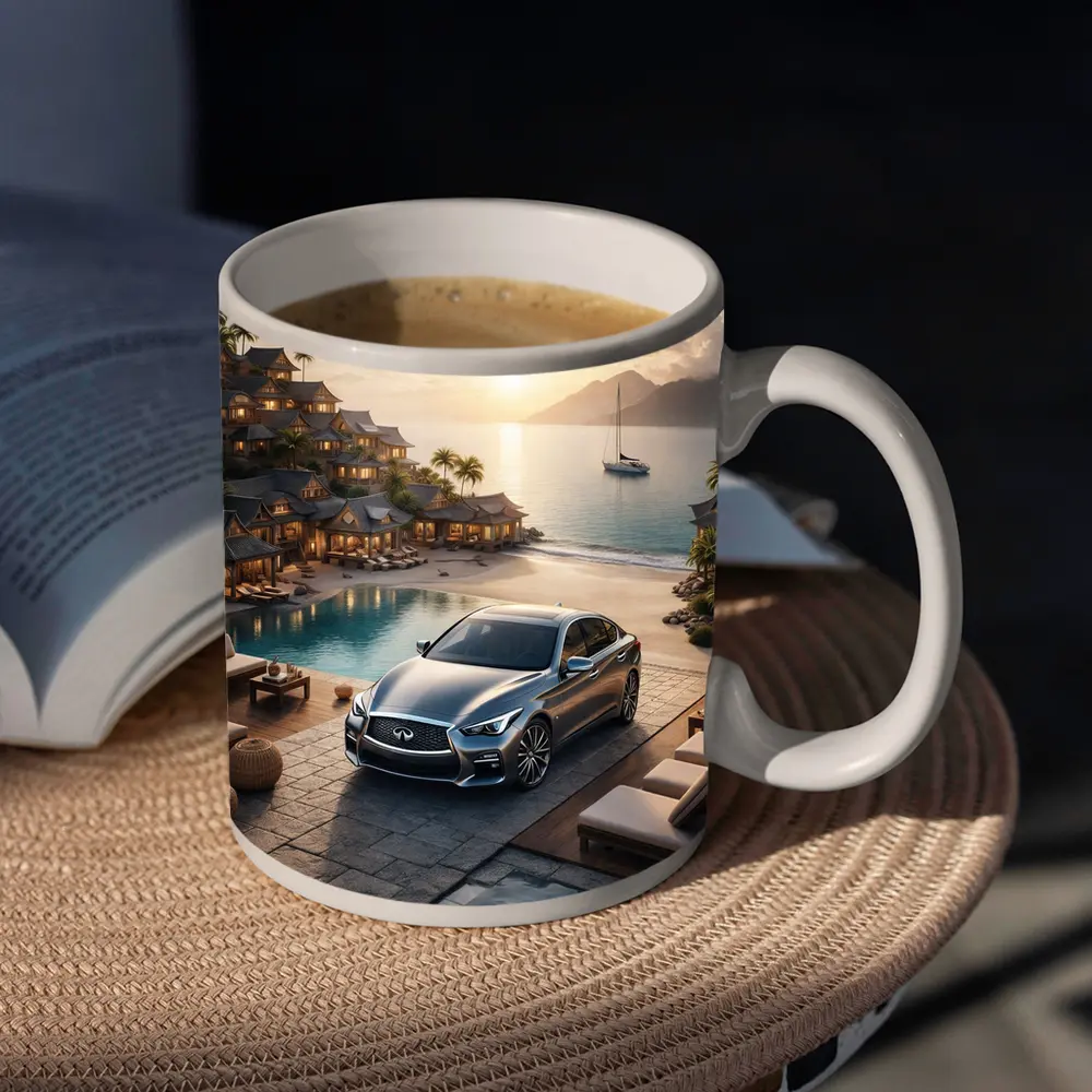 Infiniti Q50 Parked at Luxury Resort Sunset – Mugs