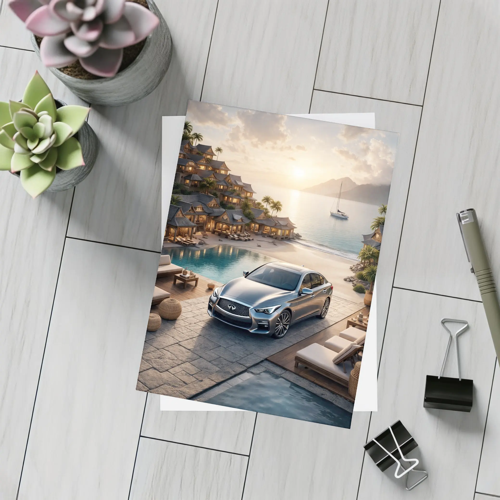 Infiniti Q50 Parked at Luxury Resort Sunset – Postcards