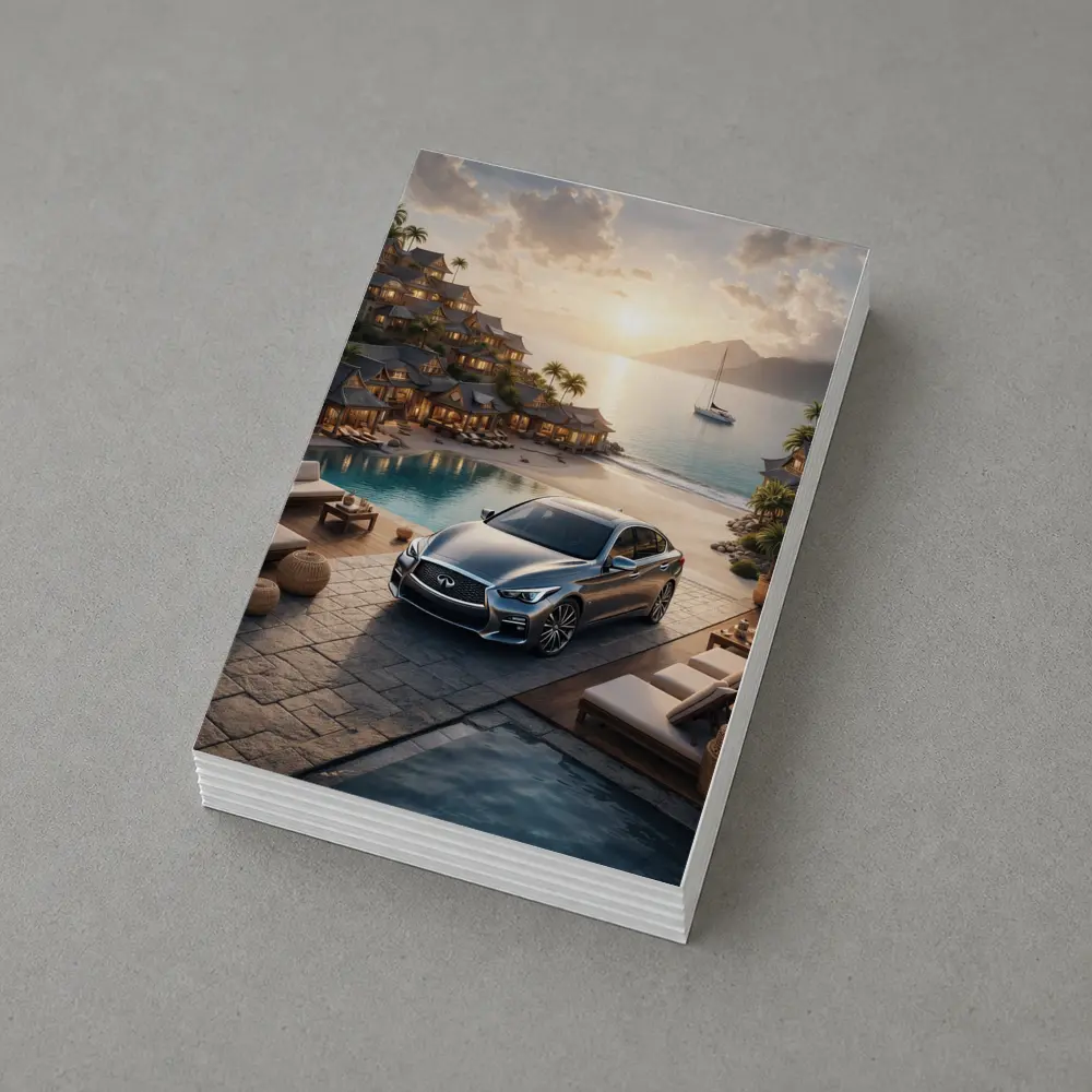 Infiniti Q50 Parked at Luxury Resort Sunset – Postcards