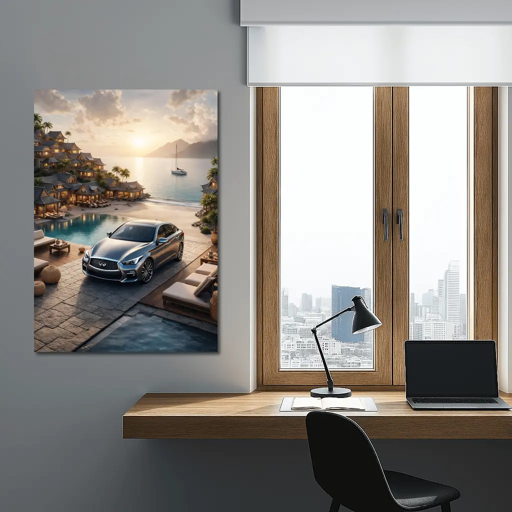 Infiniti Q50 Parked at Luxury Resort Sunset – Wall Art