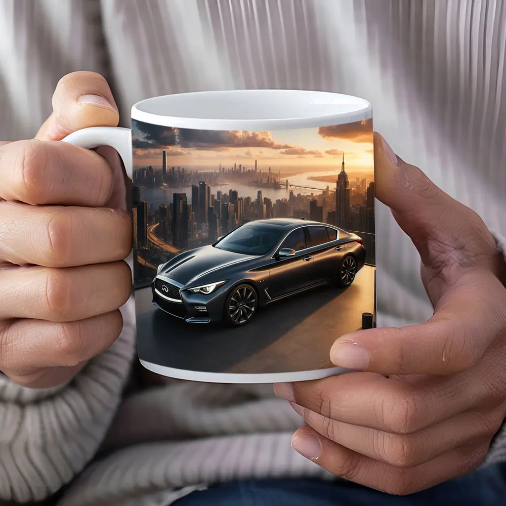 Infiniti Q50 Parked Above City Skyline – Mugs
