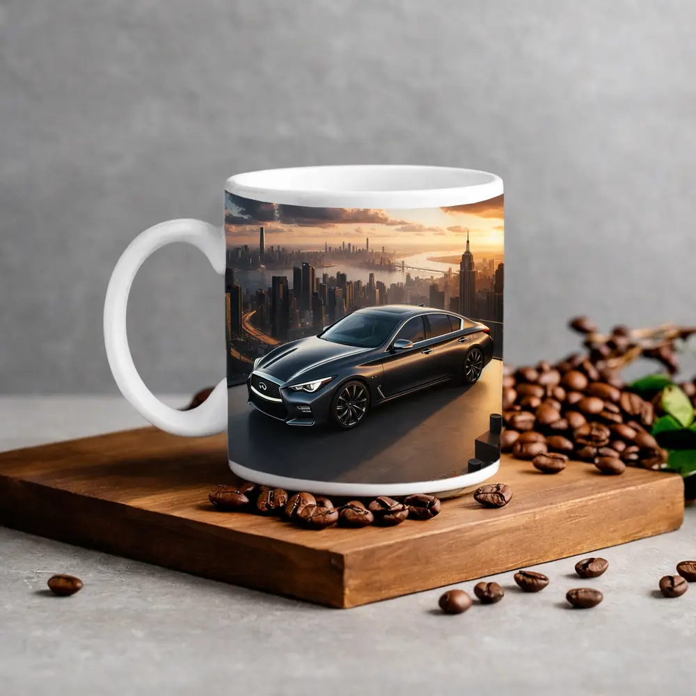 Infiniti Q50 Parked Above City Skyline – Mugs