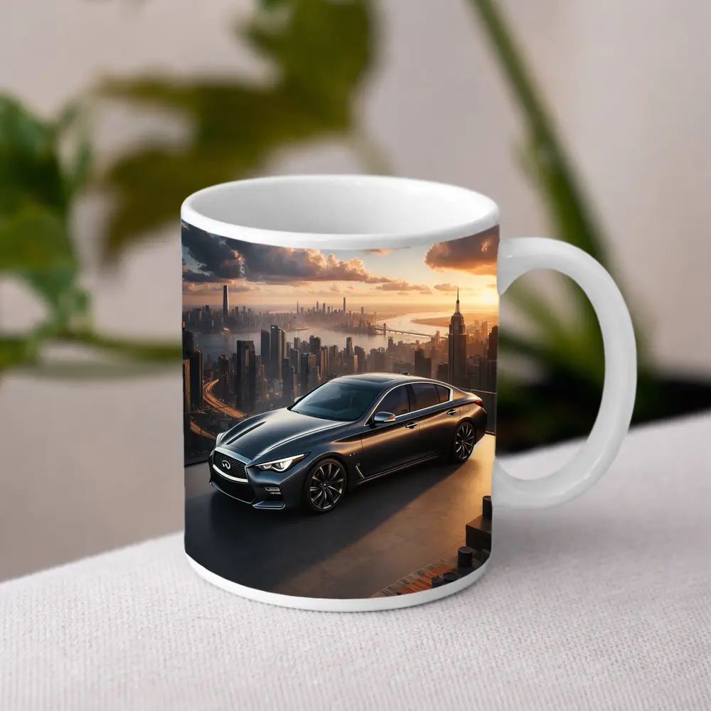 Infiniti Q50 Parked Above City Skyline – Mugs