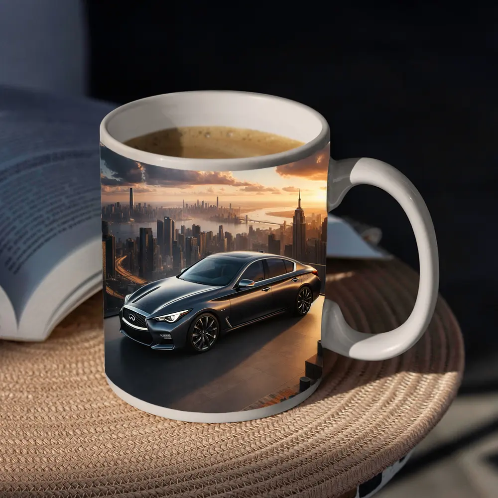 Infiniti Q50 Parked Above City Skyline – Mugs