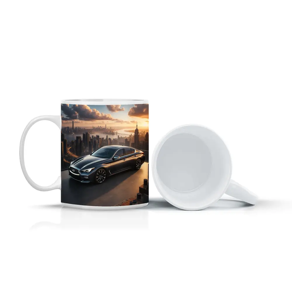 Infiniti Q50 Parked Above City Skyline – Mugs
