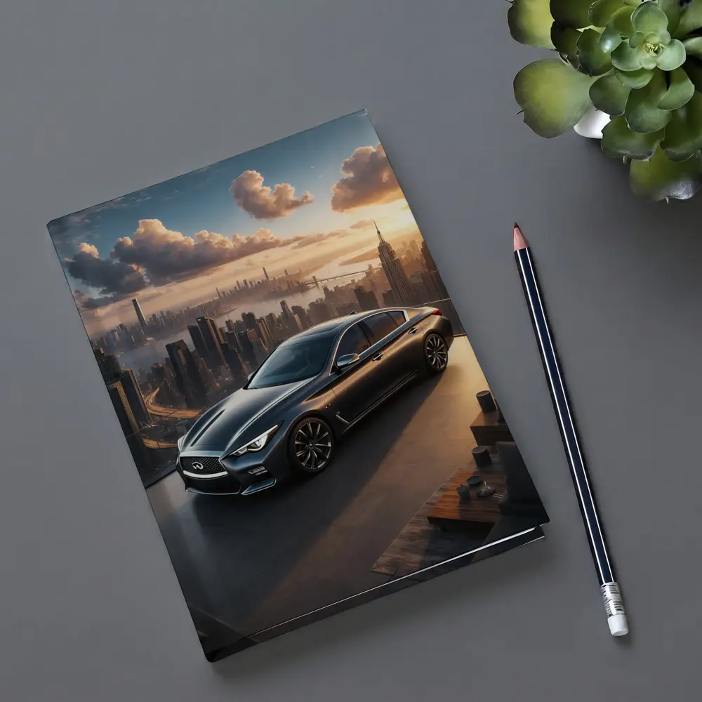 Infiniti Q50 Parked Above City Skyline – Notebooks