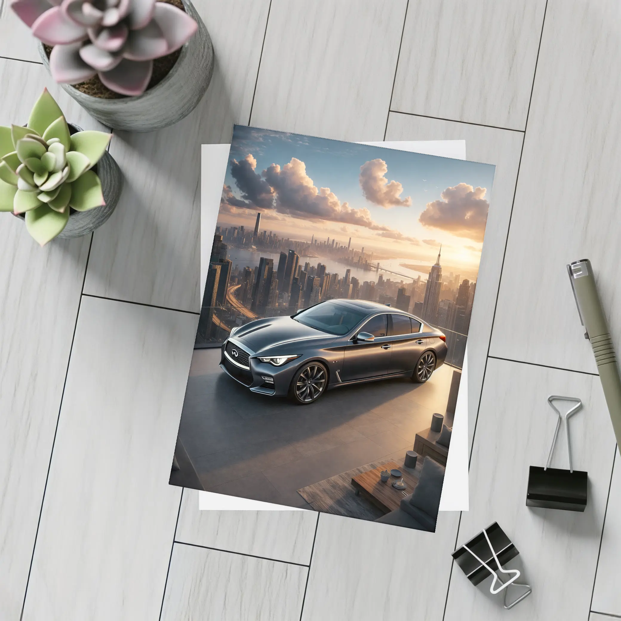 Infiniti Q50 Parked Above City Skyline – Postcards