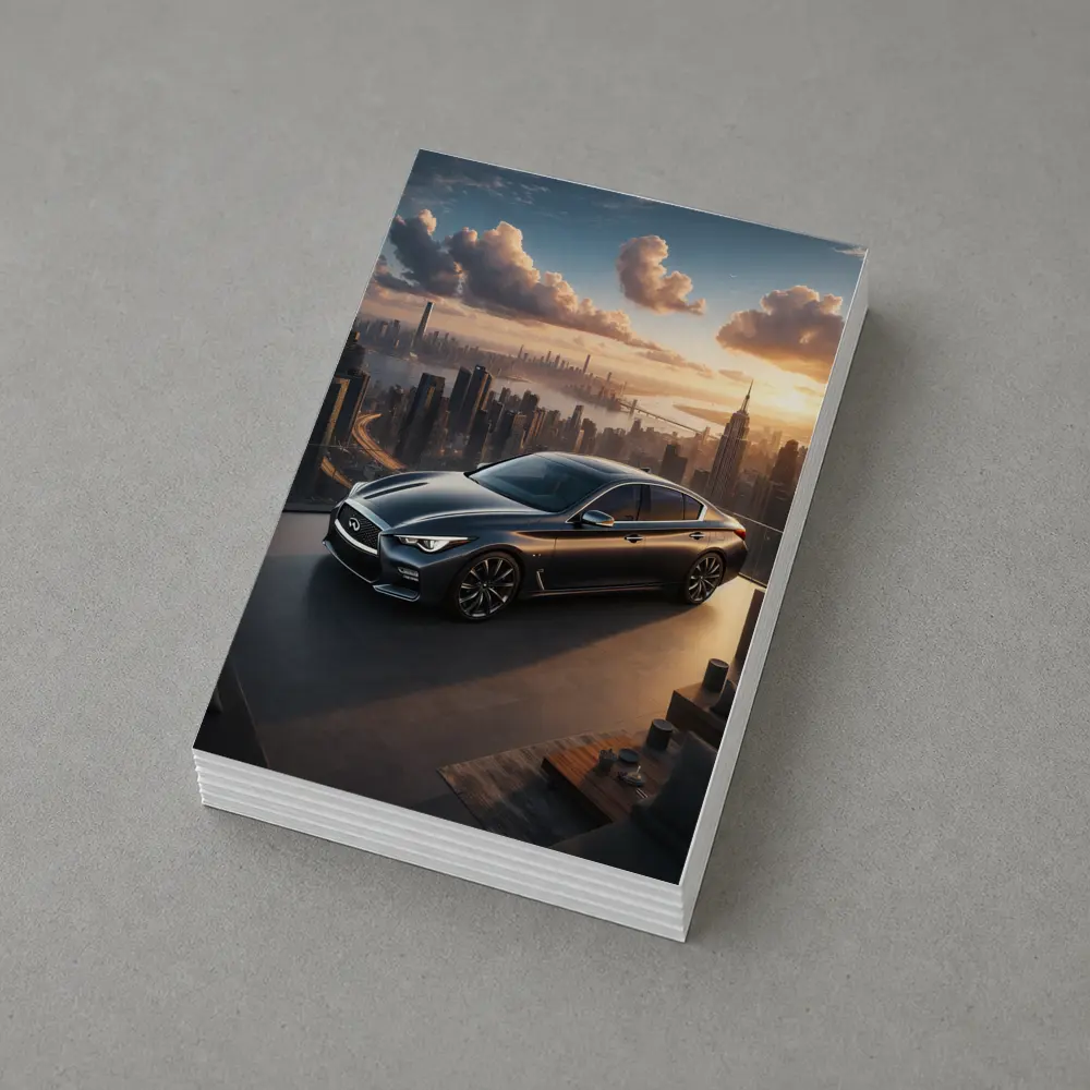 Infiniti Q50 Parked Above City Skyline – Postcards