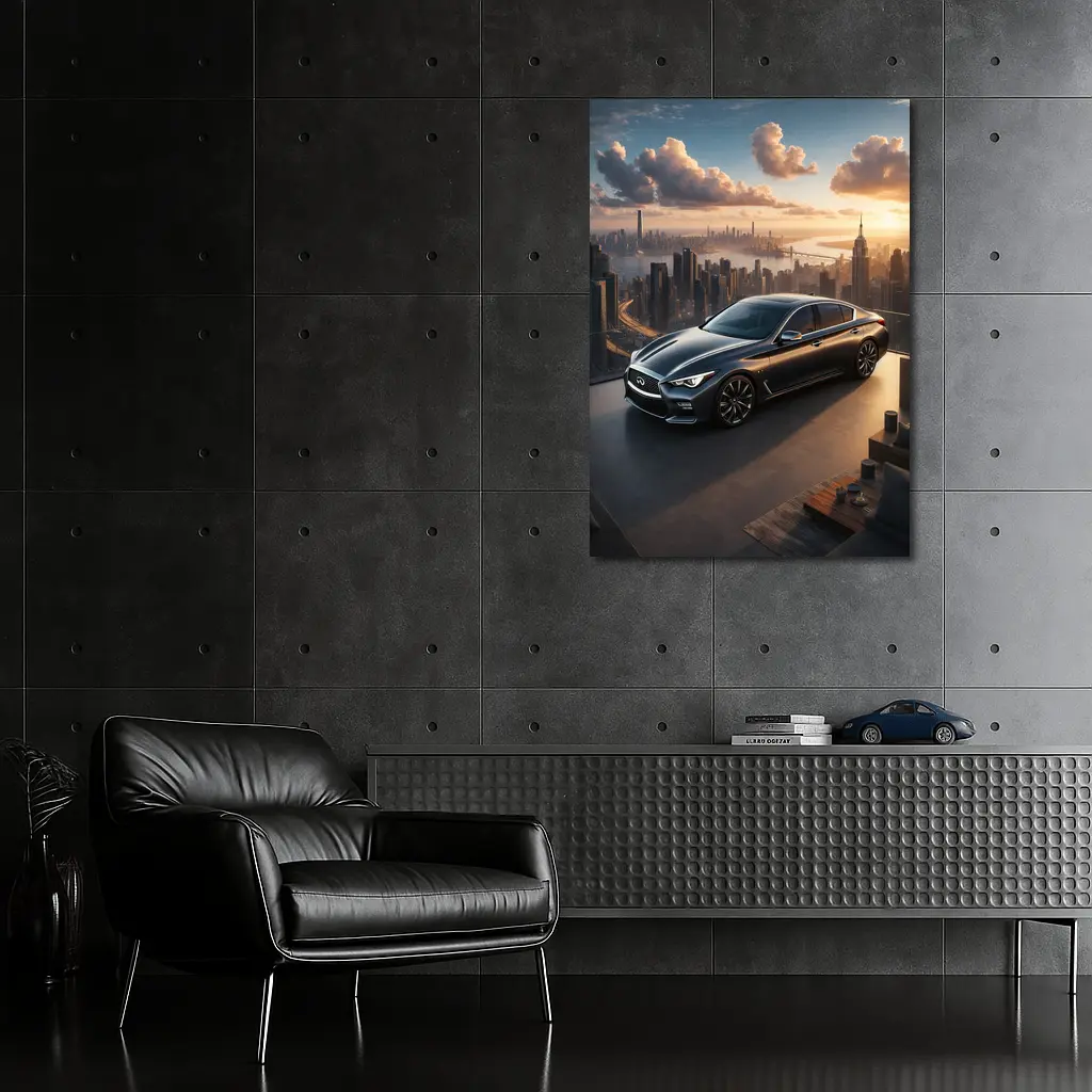 Infiniti Q50 Parked Above City Skyline – Wall Art